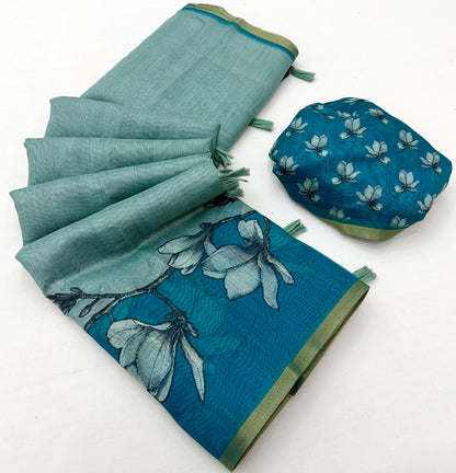 Enchanting Sea Green Printed Cotton Silk Saree With Felicitous Blouse Piece