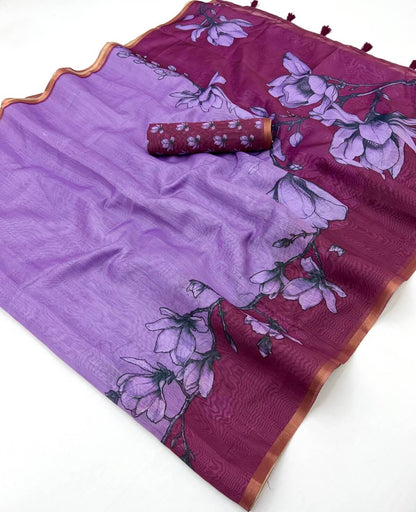 Tantalizing Lavender Printed Cotton Silk Saree With Sempiternal Blouse Piece
