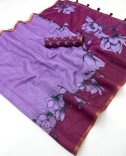 Tantalizing Lavender Printed Cotton Silk Saree With Sempiternal Blouse Piece
