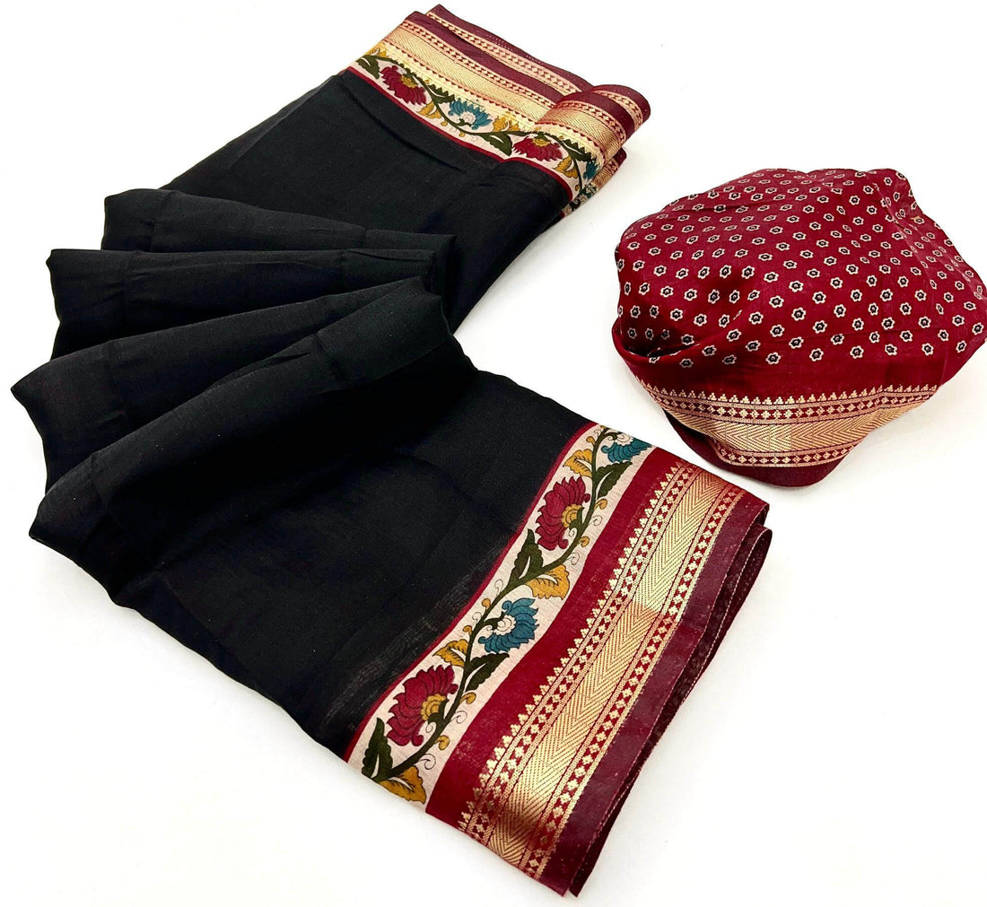 Enchanting Black Printed Mul Cotton Saree With Demanding Blouse Piece