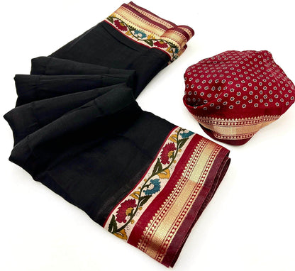 Enchanting Black Printed Mul Cotton Saree With Demanding Blouse Piece