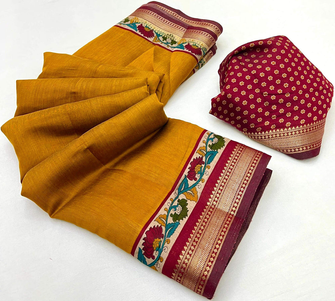 Demure Mustard Printed Mul Cotton Saree With Incredible Blouse Piece