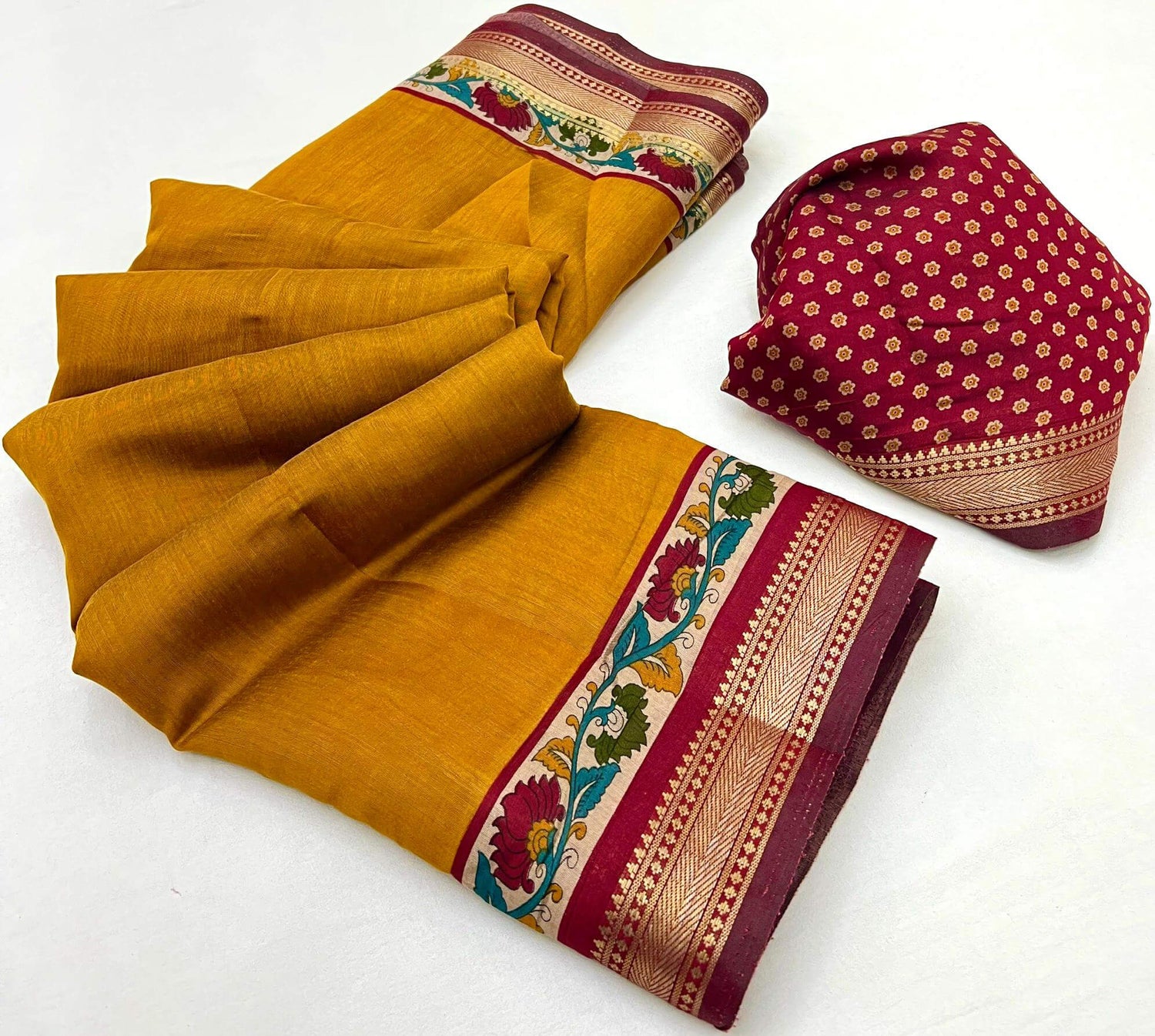 Demure Mustard Printed Mul Cotton Saree With Incredible Blouse Piece