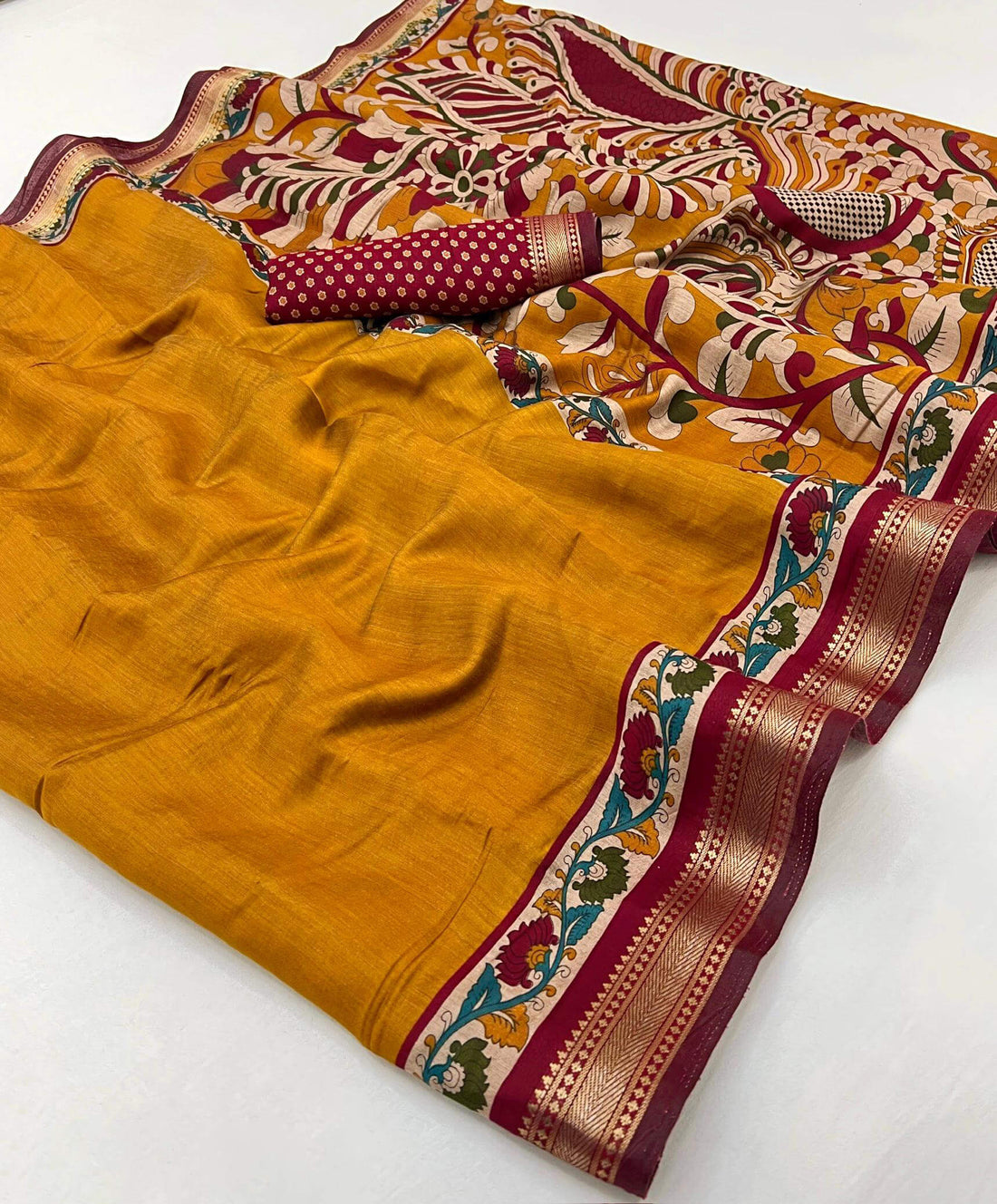 Demure Mustard Printed Mul Cotton Saree With Incredible Blouse Piece
