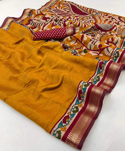 Demure Mustard Printed Mul Cotton Saree With Incredible Blouse Piece