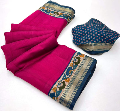 Classy Dark Pink Printed Mul Cotton Saree With Unequalled Blouse Piece
