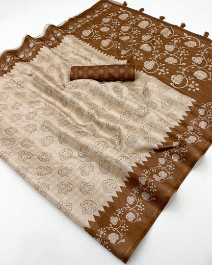 Appealing Beige Printed Tussar Silk Saree With Woebegone Blouse Piece