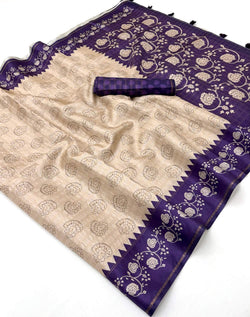 Alluring Beige Printed Tussar Silk Saree With Unique Blouse Piece