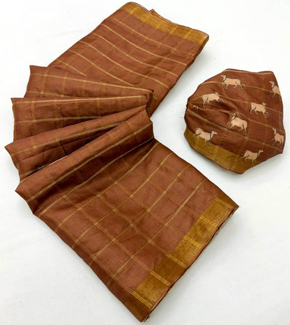 Inimitable Brown Printed Tussar Silk Saree With Blooming Blouse Piece