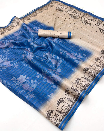 Luminous Blue Printed Tussar Silk Saree With Stunner Blouse Piece