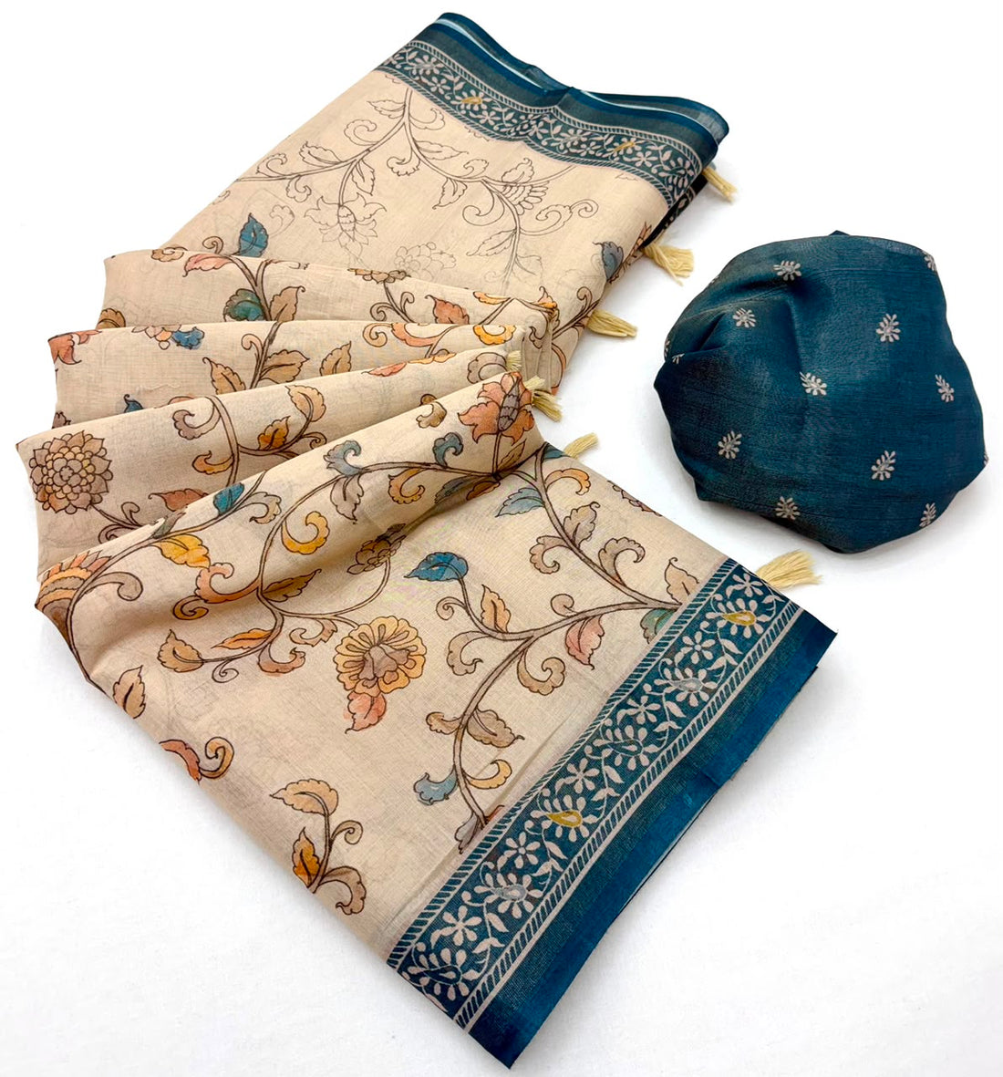 Capricious Beige Printed Cotton Silk Saree With Luminous Blouse Piece