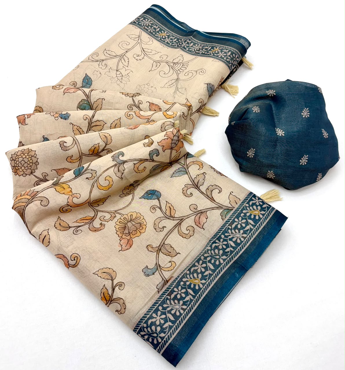Capricious Beige Printed Cotton Silk Saree With Luminous Blouse Piece
