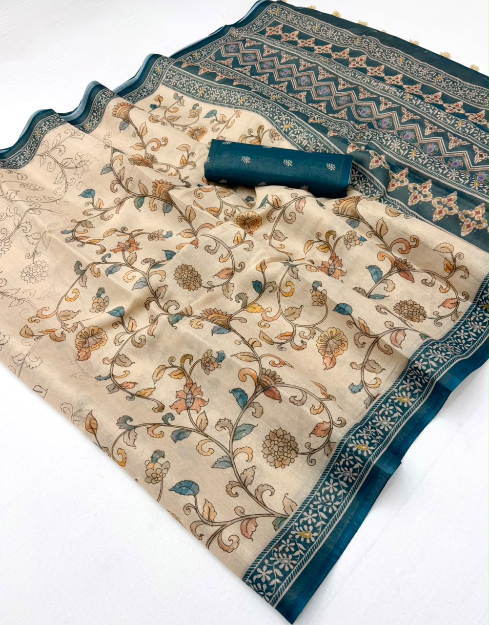 Capricious Beige Printed Cotton Silk Saree With Luminous Blouse Piece