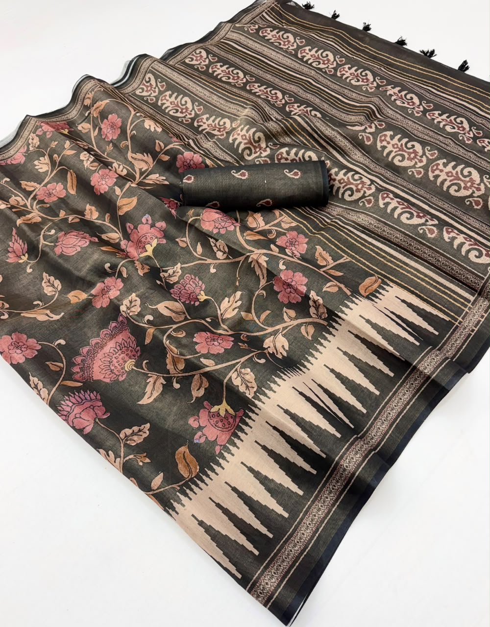 Cynosure Black Printed Cotton Silk Saree With Opulent Blouse Piece