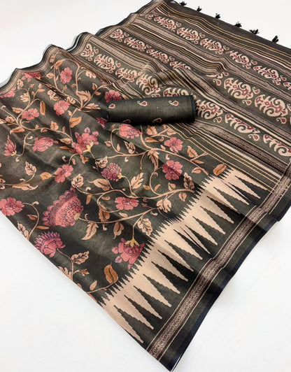 Cynosure Black Printed Cotton Silk Saree With Opulent Blouse Piece