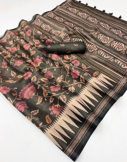 Cynosure Black Printed Cotton Silk Saree With Opulent Blouse Piece