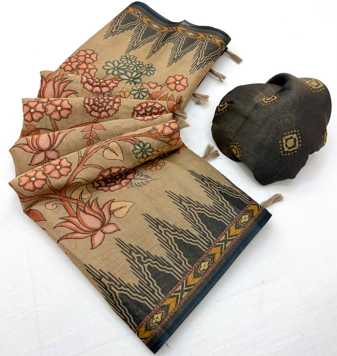Girlish Brown Printed Cotton Silk Saree With Splendorous Blouse Piece