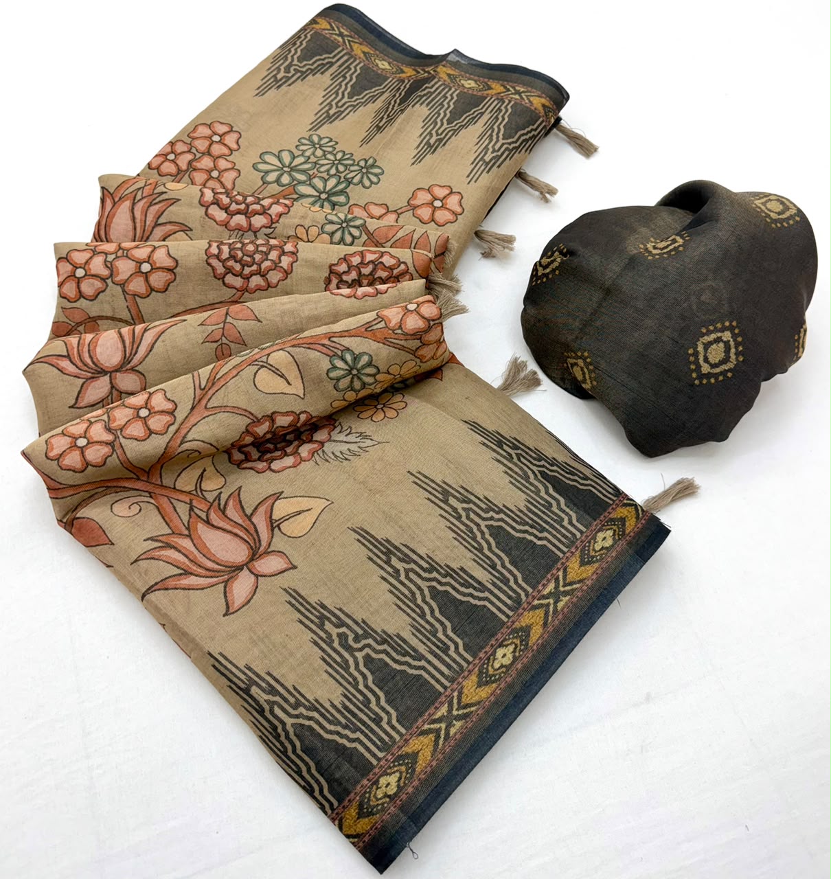 Girlish Brown Printed Cotton Silk Saree With Splendorous Blouse Piece