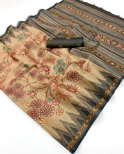 Girlish Brown Printed Cotton Silk Saree With Splendorous Blouse Piece