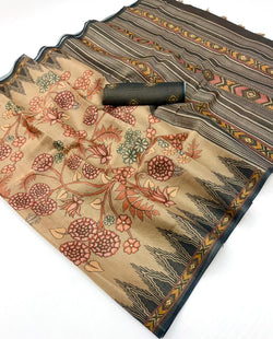 Girlish Brown Printed Cotton Silk Saree With Splendorous Blouse Piece