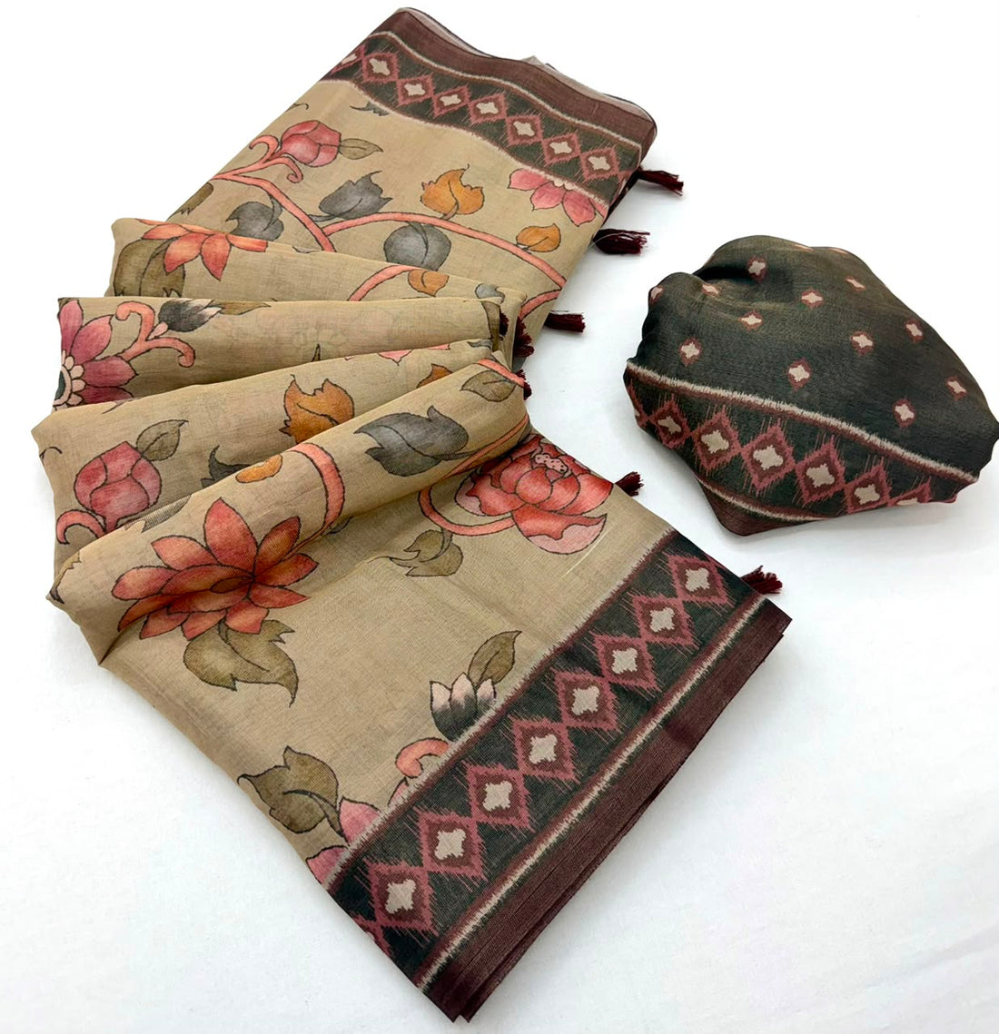 Elegant Dark Beige Printed Cotton Silk Saree With Posh Blouse Piece