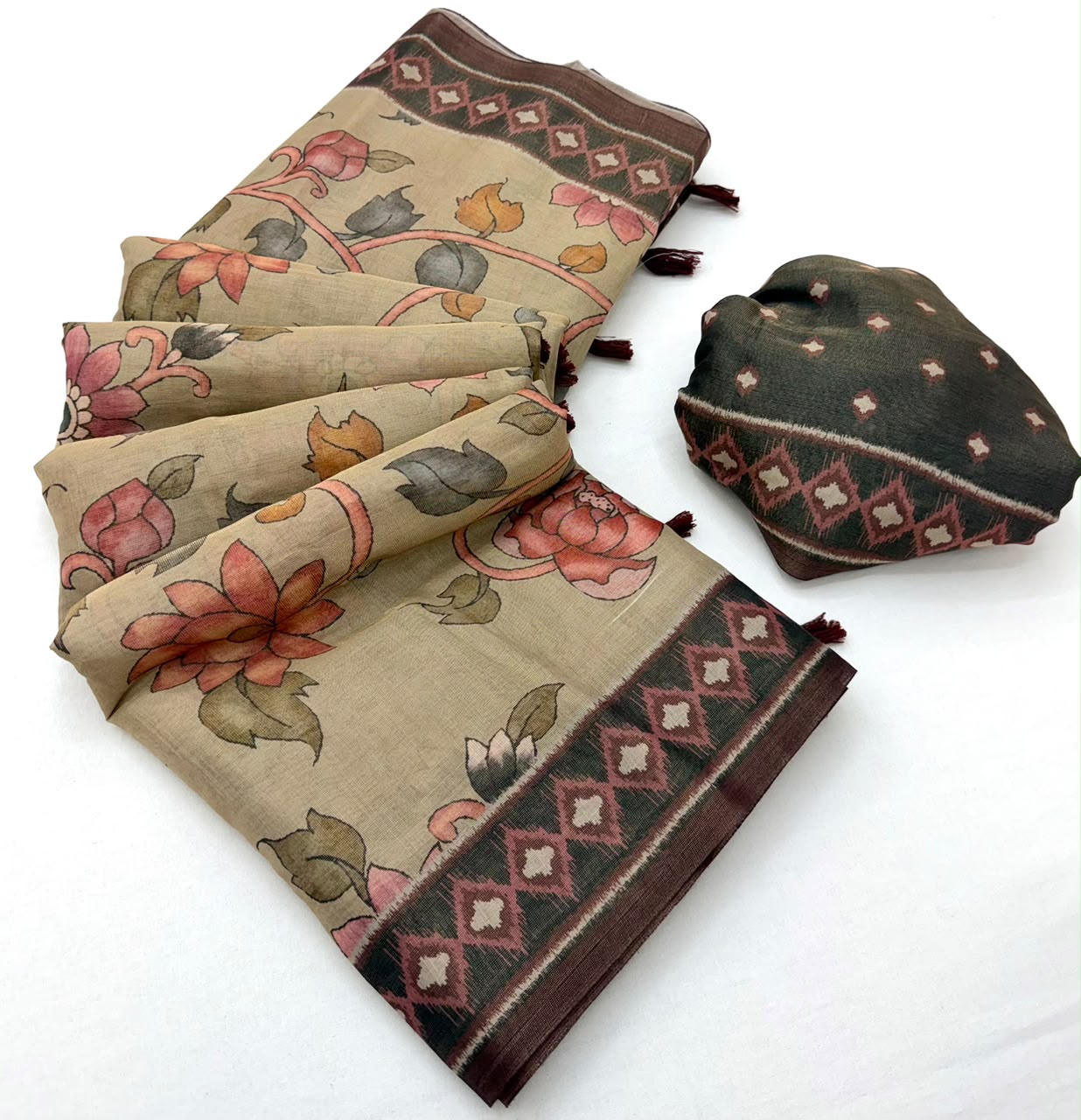 Elegant Dark Beige Printed Cotton Silk Saree With Posh Blouse Piece