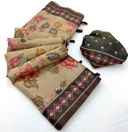 Elegant Dark Beige Printed Cotton Silk Saree With Posh Blouse Piece