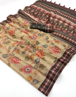Elegant Dark Beige Printed Cotton Silk Saree With Posh Blouse Piece