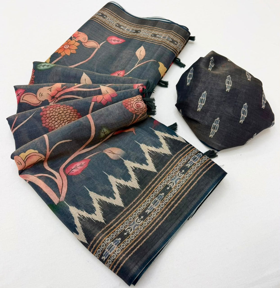 Elision Dark Grey Printed Cotton Silk Saree With Improbable Blouse Piece