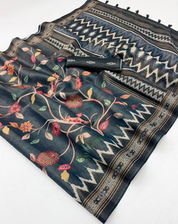 Elision Dark Grey Printed Cotton Silk Saree With Improbable Blouse Piece