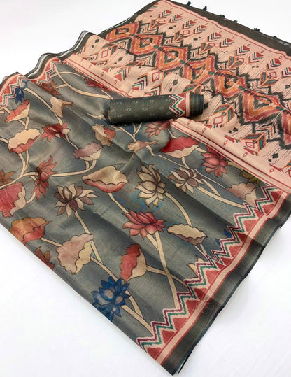Exceptional Grey Printed Cotton Silk Saree With Impressive Blouse Piece