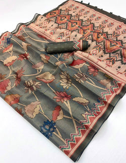 Exceptional Grey Printed Cotton Silk Saree With Impressive Blouse Piece
