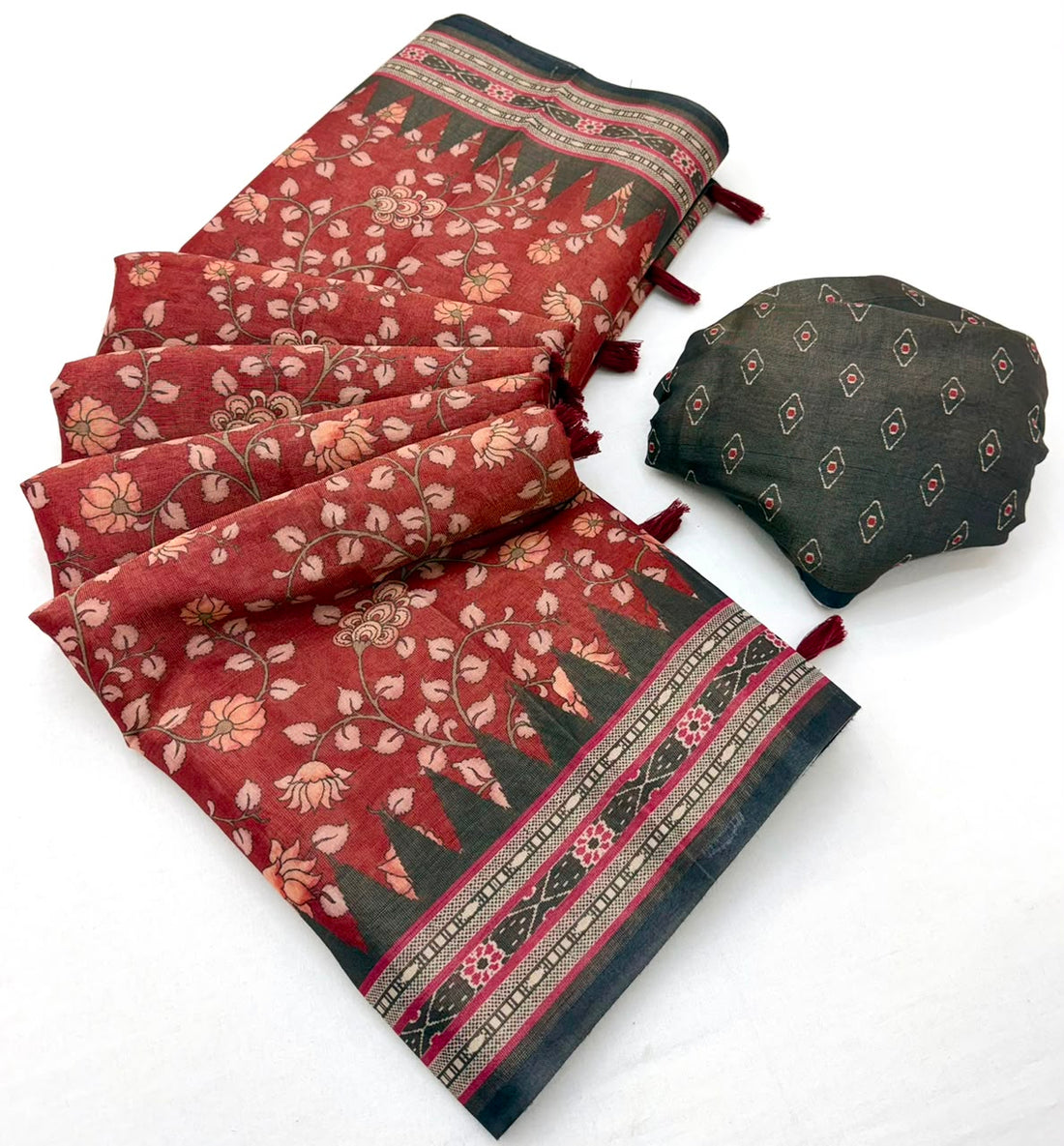 Gossamer Maroon Printed Cotton Silk Saree With Profuse Blouse Piece