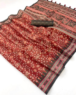 Gossamer Maroon Printed Cotton Silk Saree With Profuse Blouse Piece