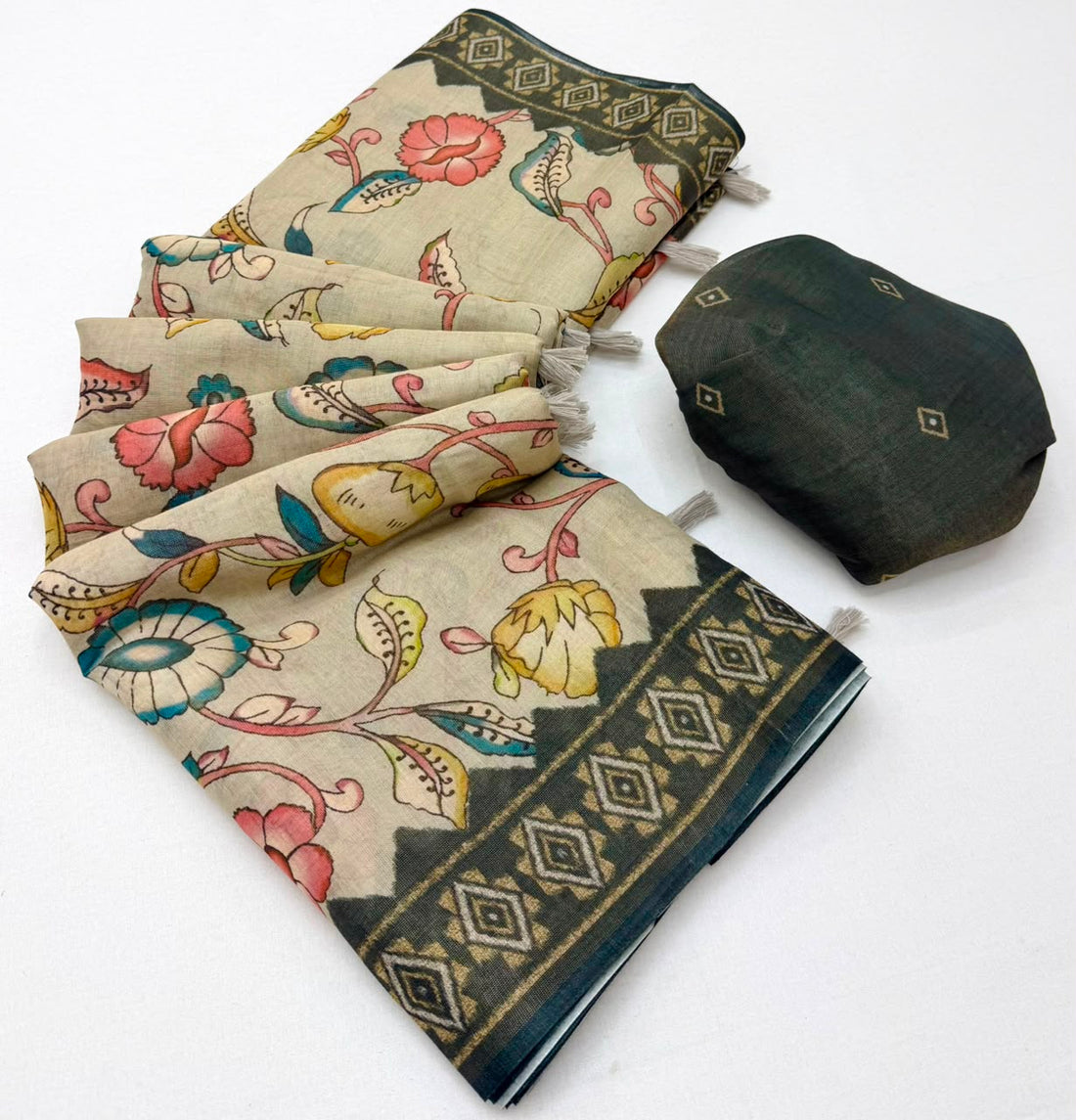 Appealing Pista Printed Cotton Silk Saree With Admirable Blouse Piece