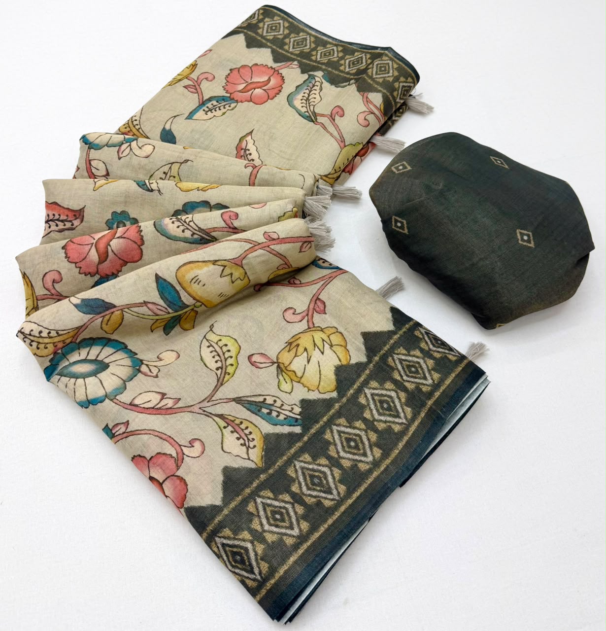 Appealing Pista Printed Cotton Silk Saree With Admirable Blouse Piece
