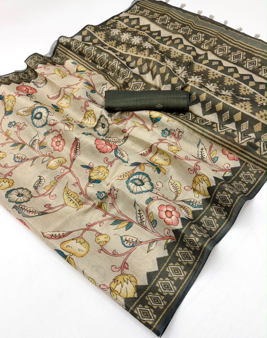 Appealing Pista Printed Cotton Silk Saree With Admirable Blouse Piece