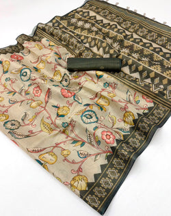 Appealing Pista Printed Cotton Silk Saree With Admirable Blouse Piece