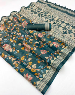 Beguiling Rama Printed Cotton Silk Saree With Woebegone Blouse Piece