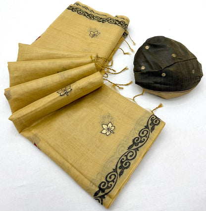 Designer Beige Pure Munga Cotton Silk Saree With Staggering Blouse Piece