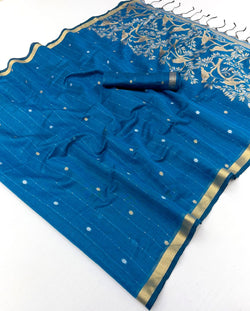 Ratatouille Blue Pure Munga Cotton Saree With Gorgeous Blouse Piece