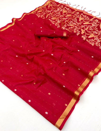 Seraglio Red Pure Munga Cotton Saree With Stylish Blouse Piece