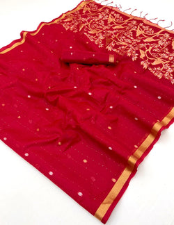Seraglio Red Pure Munga Cotton Saree With Stylish Blouse Piece
