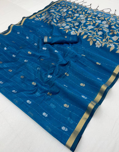 Enthralling Blue Pure Munga Cotton Saree With Embellished Blouse Piece