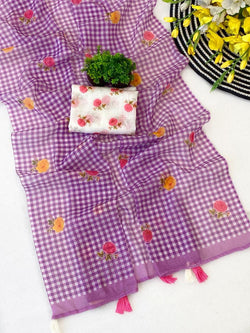 Trendy Purple Printed Linen Silk Saree With Serendipity Blouse Piece
