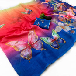 Innovative Multicolor Printed Linen Silk Saree With Capricious Blouse Piece