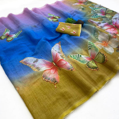 Traditional Multicolor Printed Linen Silk Saree With Intricate Blouse Piece