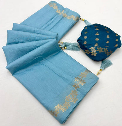 Entrancing Sky Viscose Cotton Silk Saree With Blissful Blouse Piece