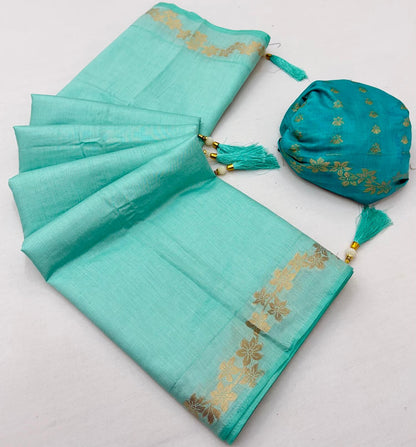 Groovy Turquoise Viscose Cotton Silk Saree With Engaging Blouse Piece