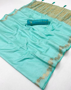 Groovy Turquoise Viscose Cotton Silk Saree With Engaging Blouse Piece